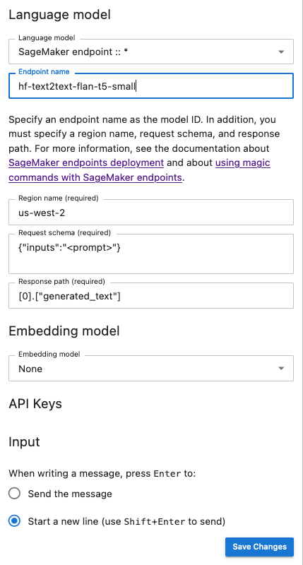 Pannello di configurazione dell'interfaccia utente della chat impostato per richiamare un modello fornito da. Flan-t5-small JumpStart