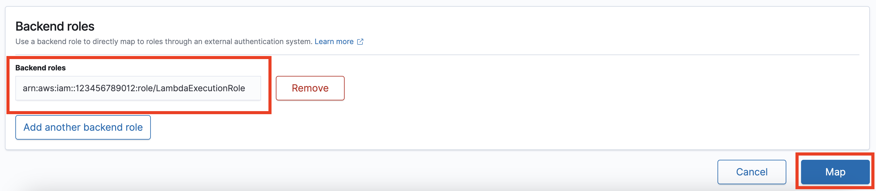 Campo dei ruoli di backend che mostra un ARN di AWS IAM ruolo con il pulsante Rimuovi e il pulsante Mappa.