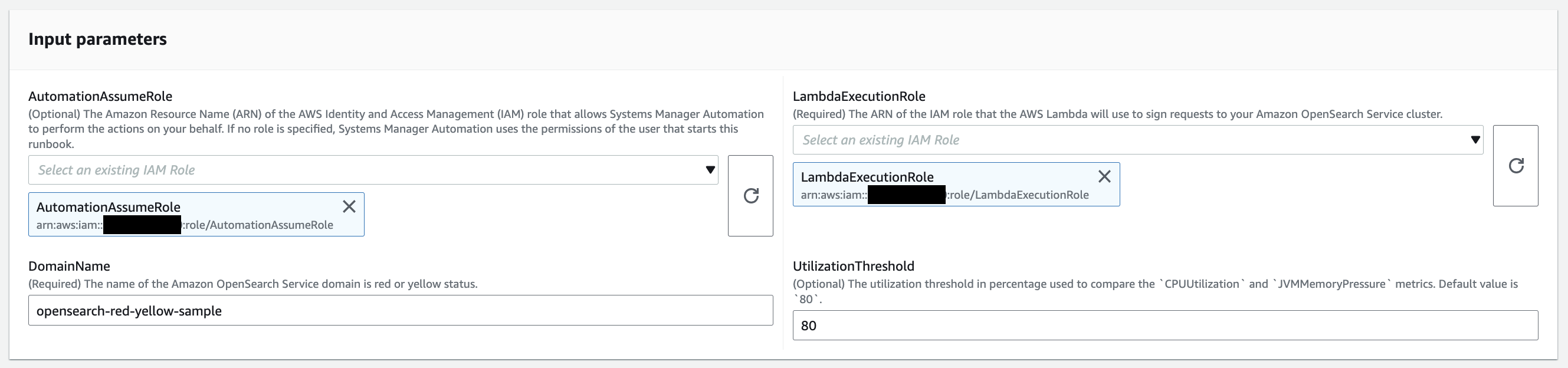 Modulo per i parametri di input con i campi per AutomationAssumeRole LambdaExecutionRole DomainName,, e UtilizationThreshold.