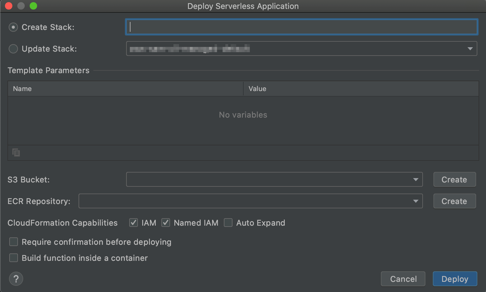 Finestra di dialogo Implementa applicazione serverless.
