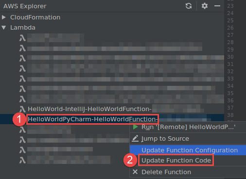 Scelta del comando Update Function Code (Aggiorna codice funzione)