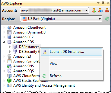 AWS Visualizzazione della finestra di Explorer Amazon RDS con l'opzione del menu contestuale per Launch DB Instance.