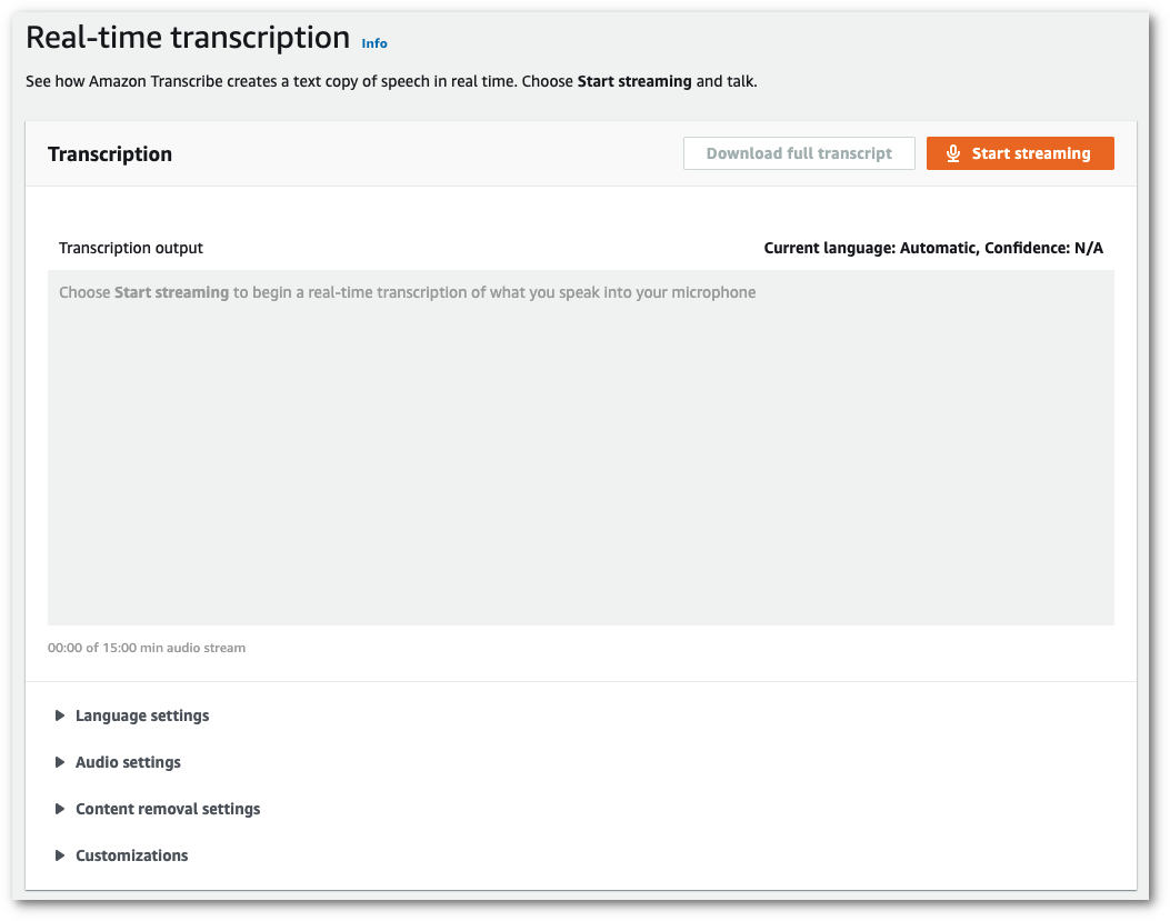 Amazon Transcribe screenshot della console: la scheda «impostazioni della lingua» compressa nella pagina «trascrizione in tempo reale».