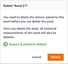 警告メッセージと削除ボタンが強調表示された Delete Asset 5 ダイアログボックス。