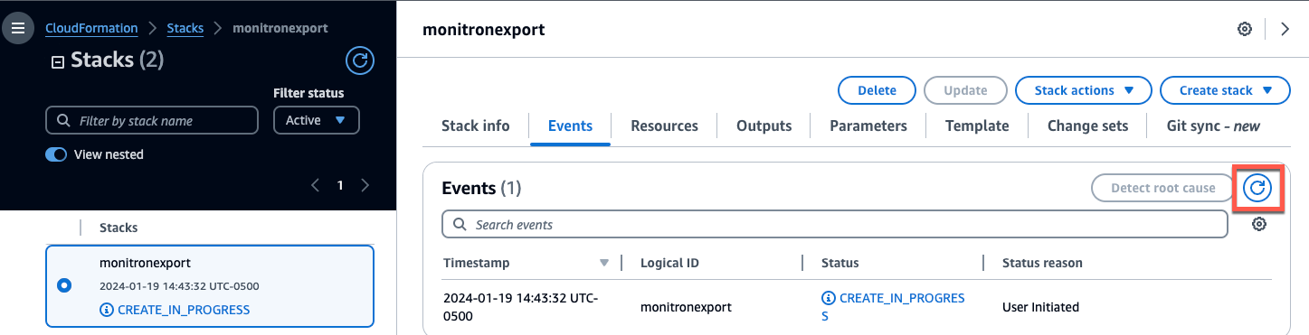 CREATE_IN_PROGRESS ステータスと更新アイコンが強調表示された monitronexport スタックを示すイベントタブ。