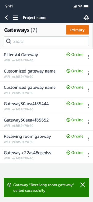 ゲートウェイリストには、WiFi 識別子と成功通知を含む 7 つのオンラインゲートウェイが表示されます。