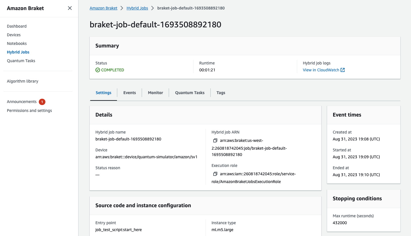 要約、イベント時間、ソースコードとインスタンスの設定、停止条件が表示されている、Amazon Braket ハイブリッドジョブの詳細。