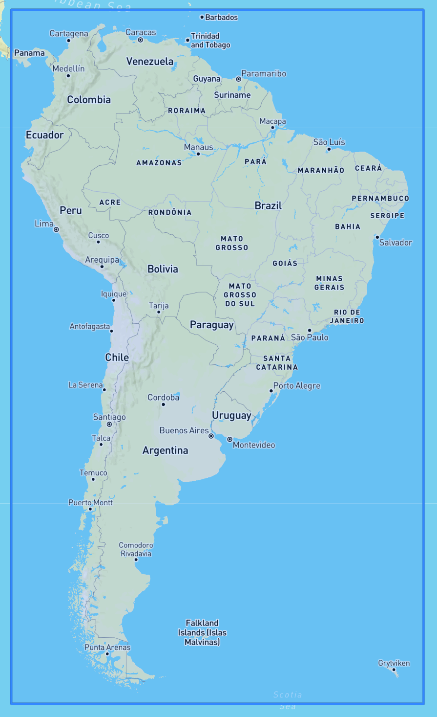 座標境界を持つ国、主要都市、ブラジルの州を示す南米のマップ。