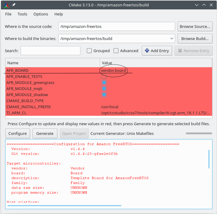 CMake 設定ウィンドウで、ベンダーボードを選択して、モジュールを有効化し、ビルドパスを指定して FreeRTOS を構築します。