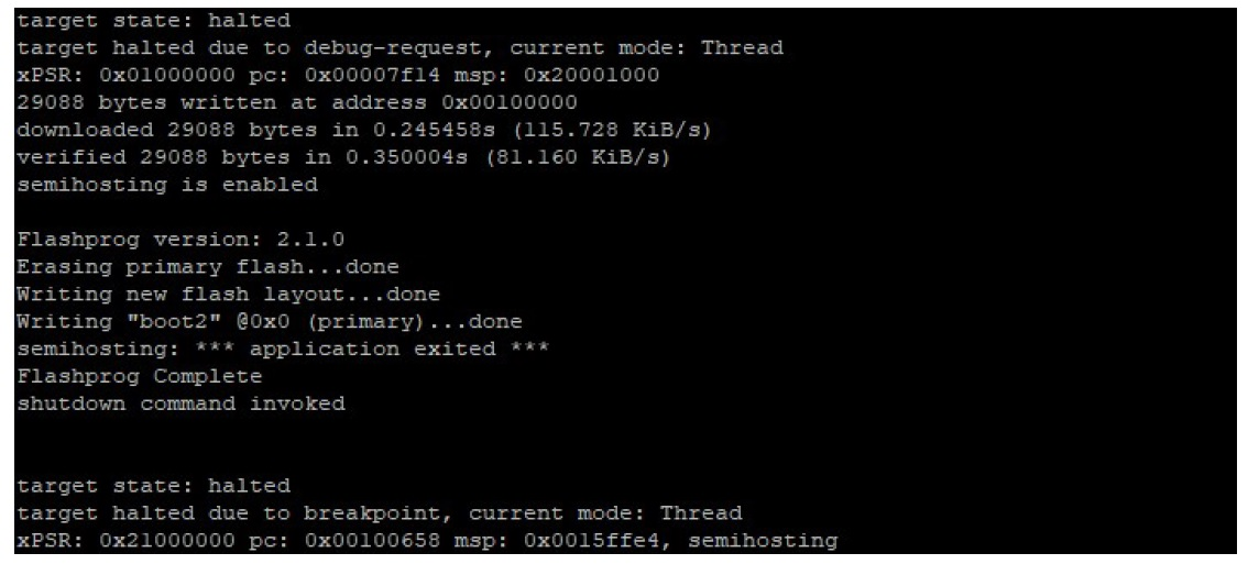 Layout 要素と boot2 要素をフラッシュするコマンド出力。