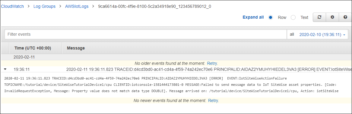 CloudWatch のAWS IoT 「Logs」スクリーンショット。