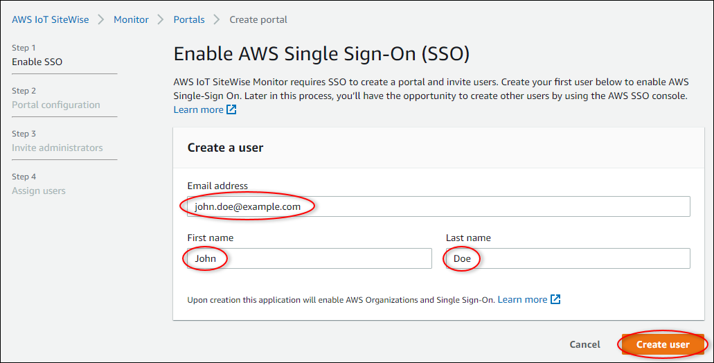 「ポータルの作成」プロセスの「Enable AWS IAM アイデンティティセンター (SSO)」ページ。