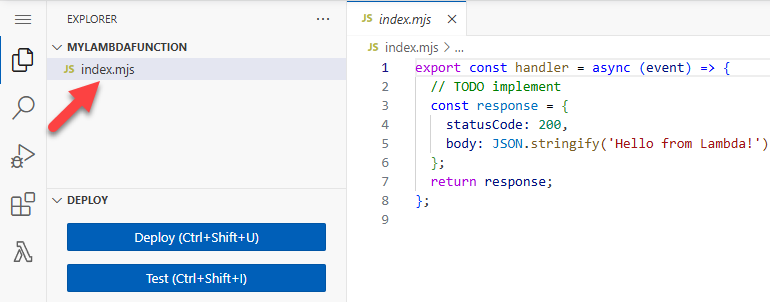 コンソールのコードエディターとファイルエクスプローラーの index.mjs ファイルを示す図