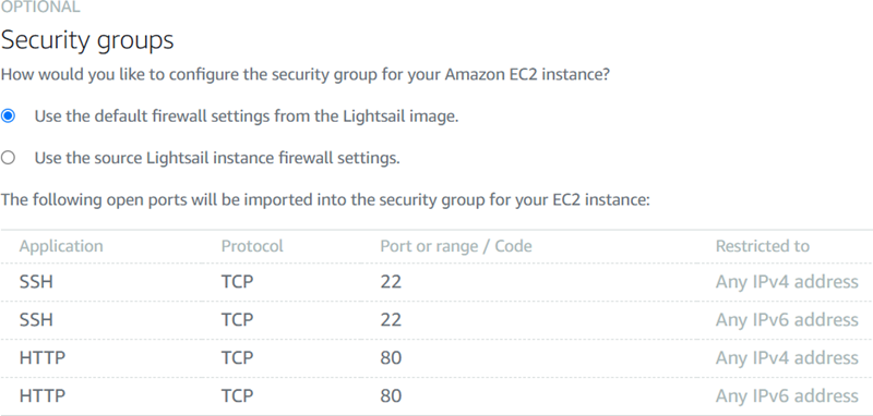 [Amazon EC2 インスタンスの作成] ページのセキュリティグループ設定。
