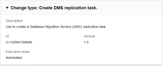 説明、ID、バージョン、実行モードを示す DMS レプリケーションタスクの変更タイプを作成します。