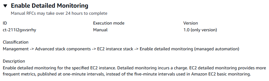EC2 インスタンスの詳細モニタリングを有効にするオプションと実行の詳細を示すインターフェイス。