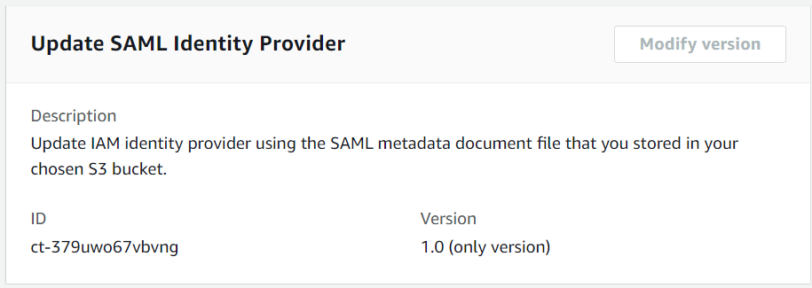ID ct-379uwo67vbvng とバージョン 1.0 を示す SAML ID プロバイダーページを更新します。