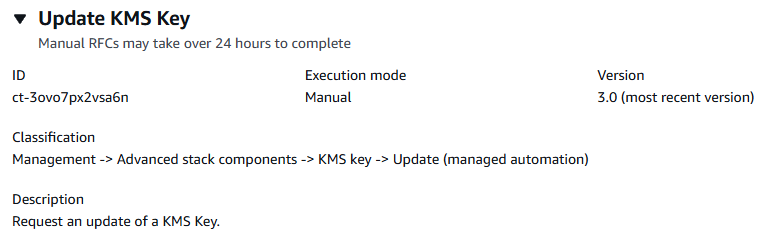 ID、実行モード、バージョン、分類の詳細を示す KMS キーインターフェイスを更新します。