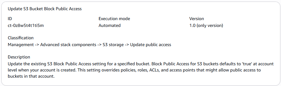 ID、実行モード、分類など、S3 バケットブロックパブリックアクセスの変更タイプの詳細を更新します。