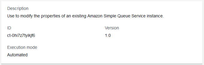 Amazon Simple Queue Service インスタンスのプロパティパネル。ID、バージョン、実行モードが表示されます。