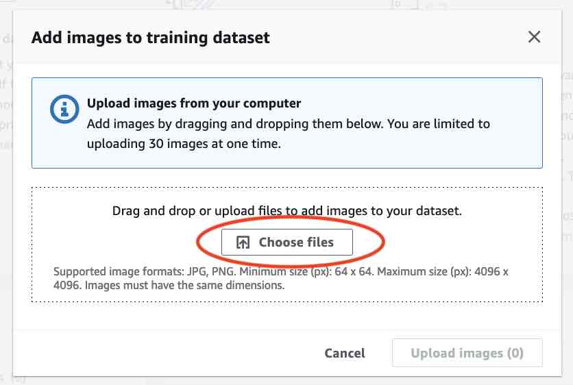 データセットトレーニング用の画像ファイルをアップロードするためのボタン。