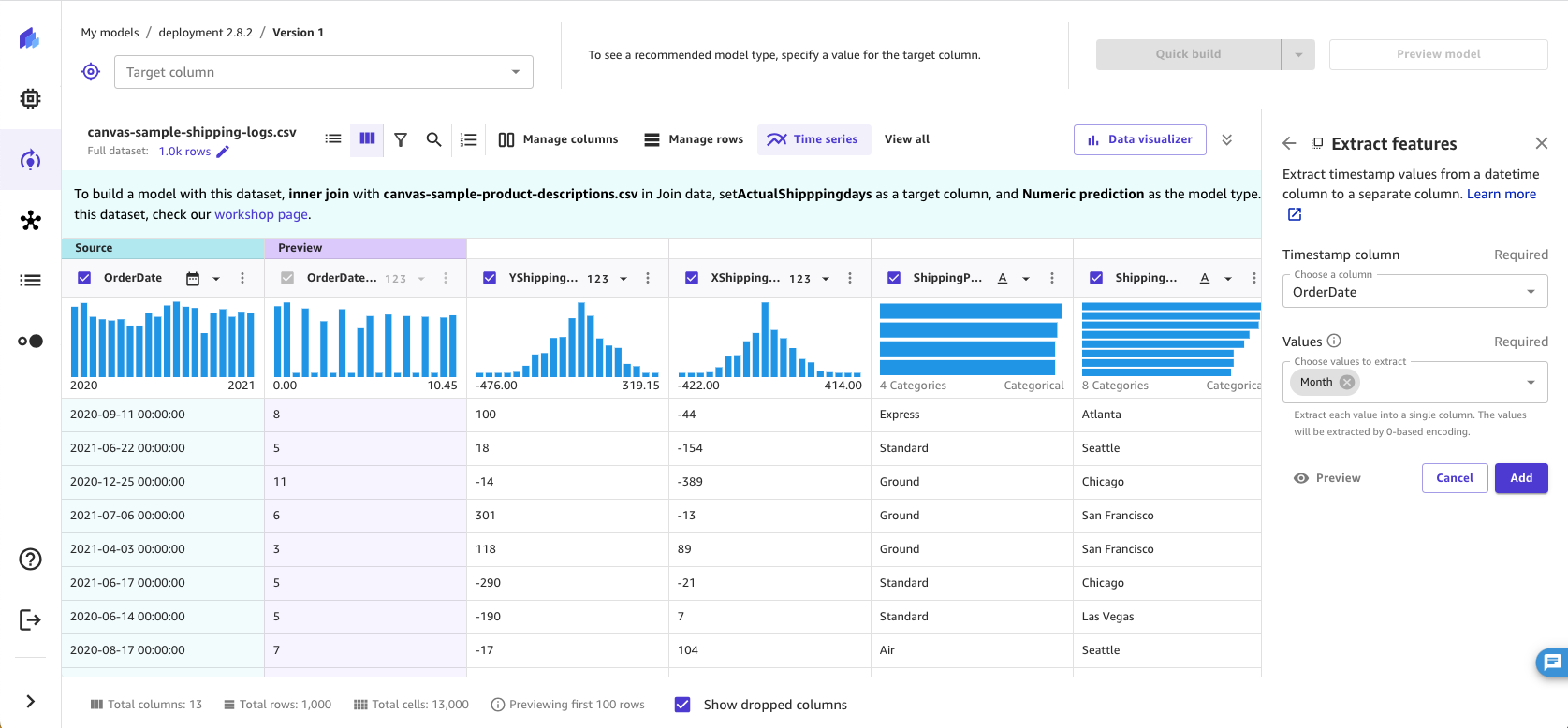 SageMaker Canvas アプリケーションの datetime 抽出ボックスのスクリーンショット。