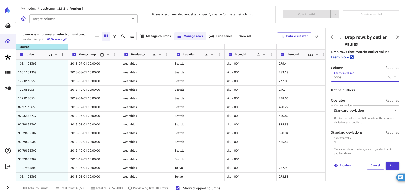 SageMaker Canvas アプリケーションの外れ値による行の削除のスクリーンショット。