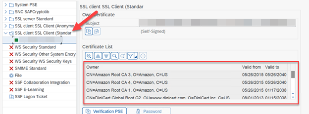SSL クライアント標準 PSE の証明書リストの例。