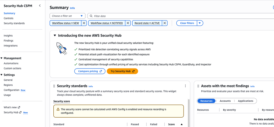 AWS Security Hub CSPM コンソール