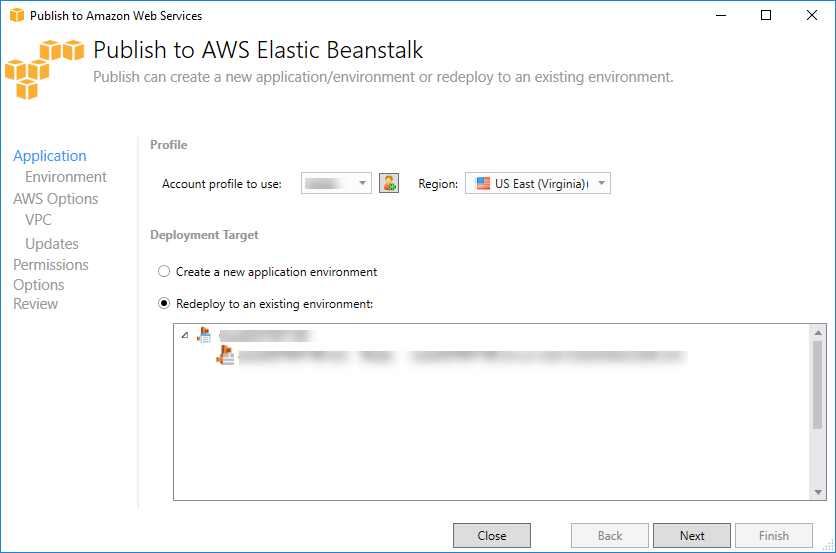 プロファイルとデプロイオプションを使用して AWS Elastic Beanstalk ダイアログに発行します。