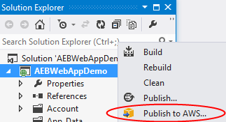 AEBWebAppDemo プロジェクトの「Publish to AWS...」オプションを示す Solution Explorer コンテキストメニュー。