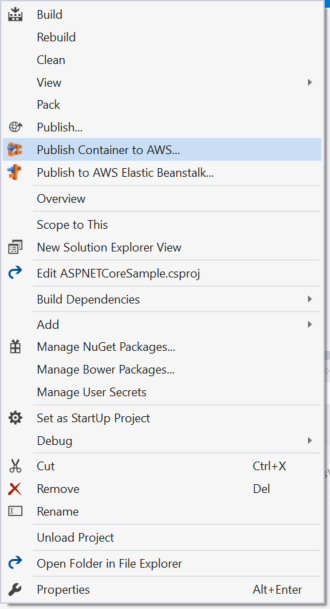 コンテナを公開する AWS オプションが強調表示されたコンテキストメニュー。