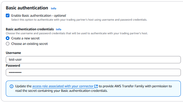 AWS Transfer Family コンソールの「コネクタの作成」ページに、新しいシークレットの作成が選択された基本認証セクションが表示されます。