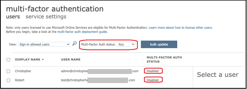 2 人のユーザーに対して MFA ステータスが無効になっていることを示すエントラ多要素認証の詳細。