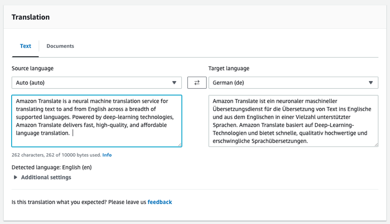 Amazon Translate コンソールのテキスト翻訳ページ。