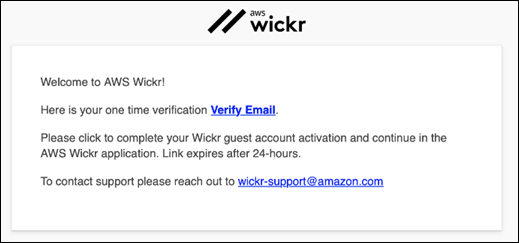 E メールを検証し、ゲストアカウントをアクティブ化する手順 AWS Wickr が記載された のようこそメッセージ。