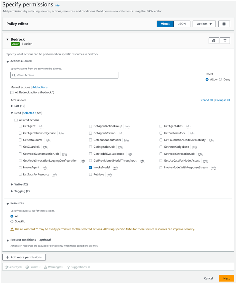 InvokeModel 작업에 대한 Amazon Bedrock IAM 권한 정책.