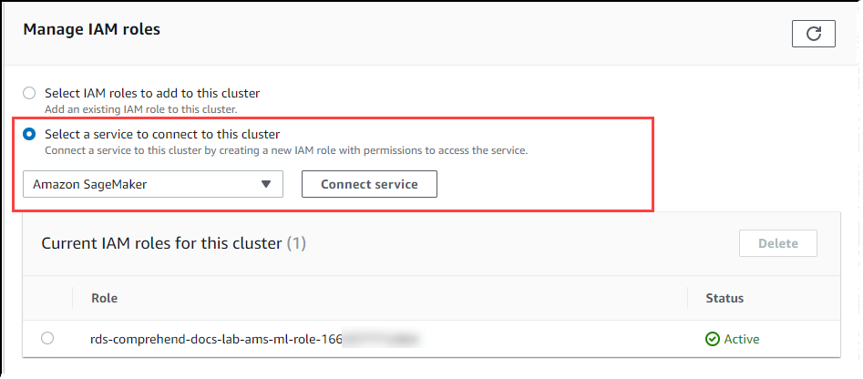 Aurora MySQL DB 클러스터에 대해 선택한 SageMaker AI를 보여주는 이미지.