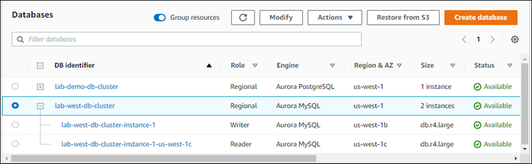 Aurora Global Database에 사용할 준비가 된 Aurora DB 클러스터가 있는 데이터베이스의 스크린샷.