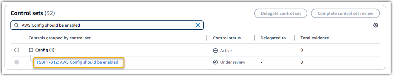 평가에서 Security Hub CSPM 제어를 보여주는 스크린샷입니다.