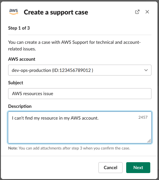Slack에서 AWS Support 사례를 생성하는 대화 상자입니다.