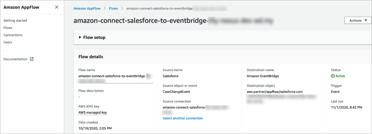 Salesforce용 Amazon AppFlow 콘솔.