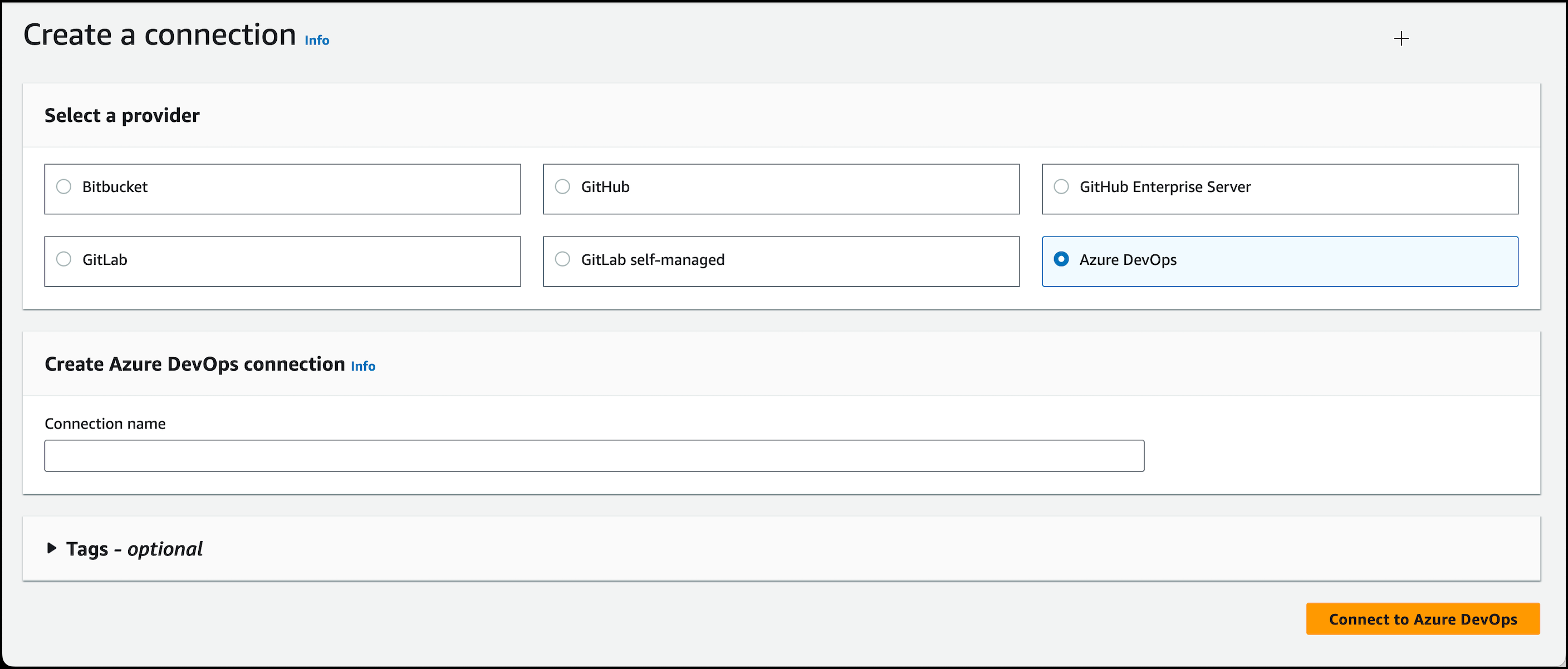 Azure DevOps에 대해 선택한 연결 옵션을 보여주는 콘솔 스크린샷입니다.
