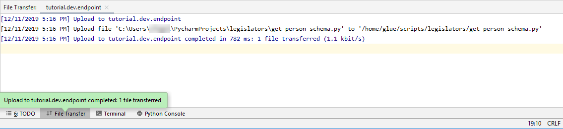 성공적인 배치 후 PyCharm 아래면