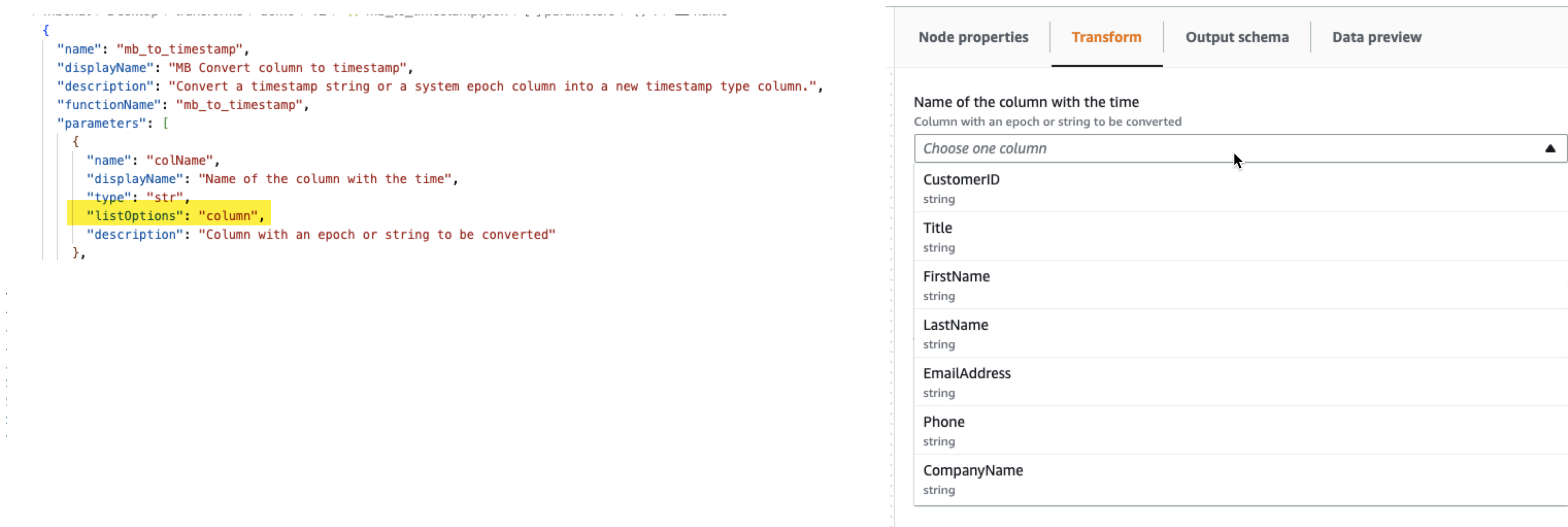 스크린샷은 AWS Glue Studio에서 listOptions 파라미터가 'column'으로 설정된 JSON 샘플 파일과 그 결과로 나타나는 사용자 인터페이스를 보여줍니다.