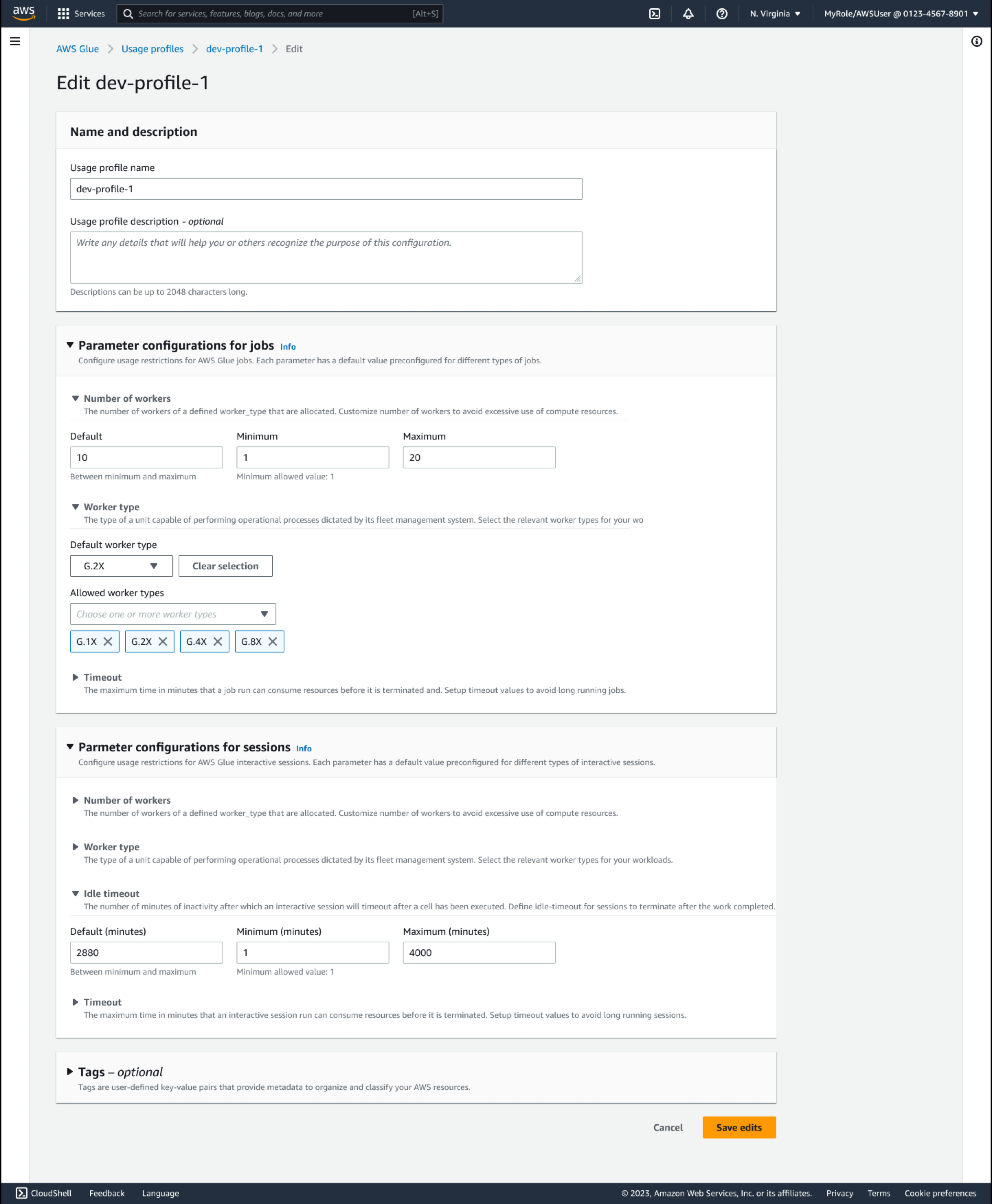 AWS Glue에서 사용 프로필을 편집하는 사용자의 예