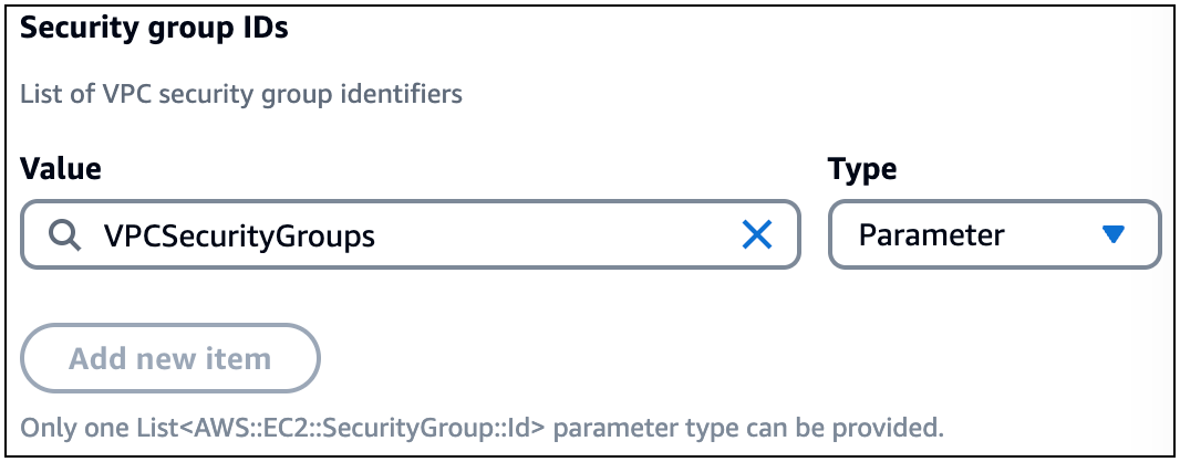 Lambda 함수 카드의 보안 그룹 ID 필드의 파라미터 유형에 VPCSecurityGroups 제공되는 라는 이름의 파라미터 유형 목록입니다.