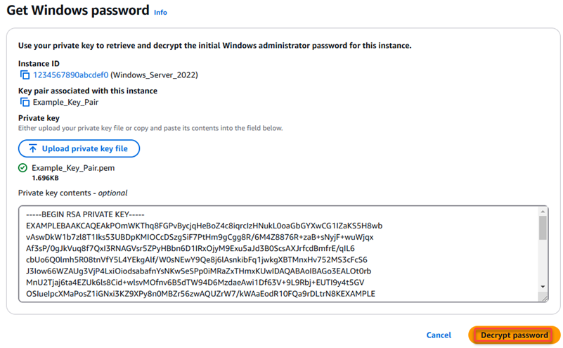Amazon EC2 콘솔의 Windows 기본 관리자 암호 복호화.