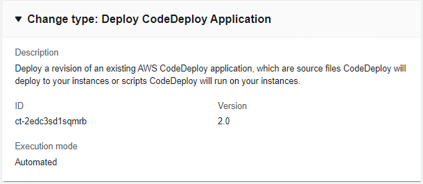 ID, 버전 2.0 및 자동 실행 모드를 보여주는 CodeDeploy 애플리케이션 변경 유형을 배포합니다.