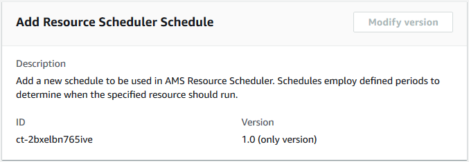 ID ct-2bxelbn765ive 및 버전 1.0을 보여주는 Resource Scheduler 일정 페이지를 추가합니다.